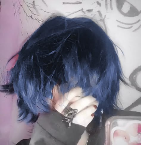 Dark Blue Hair Men, Blue Short Curly Hair, Blue Fluffy Hair, Blue Hair Aesthetic Boy, Blue Grunge Hair, Blue Hair Pfp, Blue Hair Boy, Grunge Blue Hair, Alt Blue Hair