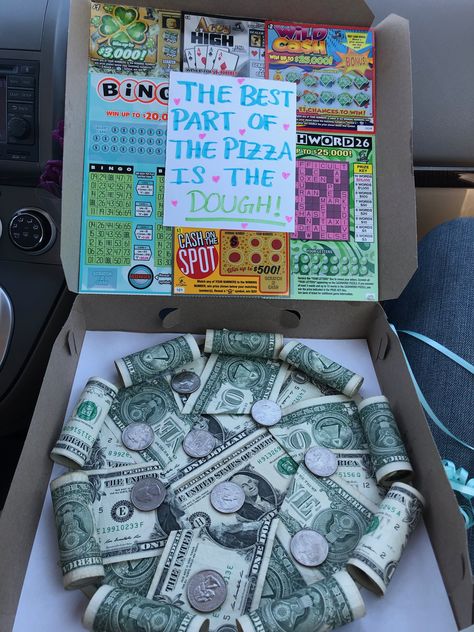 Punny money pizza and lottery ticket birthday gift. #moneypizza #punnybdaygift #lotteryticket #birthdaygift Creative Lottery Ticket Gifts, Rake In The Cash Gift Basket, Lotto Scratchers Gift Ideas, Birthday Lottery Ticket Ideas, Lottery Ticket Gift Ideas Valentines, Valentine Money Gift Ideas, Diy Lottery Ticket Gifts, Lottery Ticket Birthday Gift Ideas, Lottery Ticket Bouquet Birthday