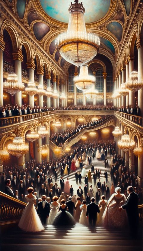 Oil painting depicting a resplendent ballroom filled with grand chandeliers, elegantly dressed attendees, and intricate architectural details. Fairytale Ballroom, French Ballroom, Fantasy Ballroom, Fancy Ballroom, Ballroom Art, Ballroom Chandelier, Ballroom Aesthetic, Ball Pictures, Victorian Era Homes