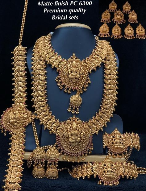 Indian traditional temple jewellery with mattefinish. Collection  of full set for brides in this wedding season . WhatsApp messages to 9176125330 for more info.  No calls Full Bridal Jewellery Set, South Indian Bridal Jewellery, Wedding Jewelry Sets Bridal Jewellery, Indian Wedding Jewelry Sets, Bridal Necklace Designs, New Gold Jewellery Designs, Indian Bridal Jewelry Sets, Modern Gold Jewelry, Antique Jewellery Designs