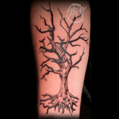 Twisted dead tree tattoo by Sarra Lynnette Gondor Tattoo, Wrist Tree Tattoo, Trees Tattoos, Dead Tree Tattoo, Tree Tattoo Drawings, Tattoo Line Work, Tree Tattoo Side, Tree Tattoo Meaning, Tree Tattoo Arm