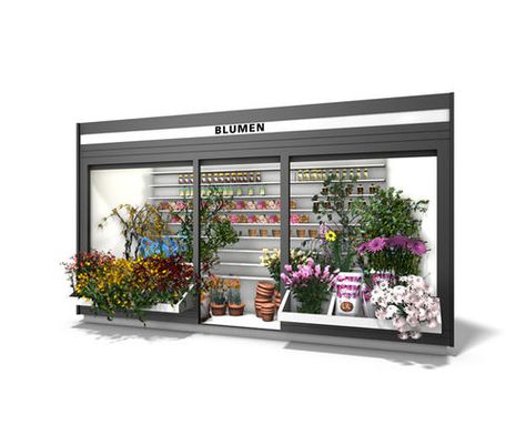 Retail use kiosk / outdoor FLOWER KIOSK by Prof. Josef Paul Kleihues Wall AG Outdoor Kiosk Design, Flower Kiosk, Outdoor Kiosk, Flower Shop Display, Boutique Lighting, Product Commercial, Window Display Design, Retail Shelving, Shop House Ideas