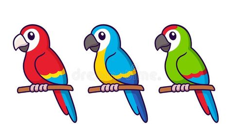 Cute cartoon macaw parrots drawing set. Cute cartoon macaw parrots drawing. Red, blue and green tropical birds. Simple vector clip art illustration set royalty free illustration Green Parrot Drawing, Parrot Drawing Simple, Macaw Parrot Drawing, Parrot Doodle, Parrots Drawing, Macaw Drawing, Parrot Cake, Cartoon Parrot, Parrot Illustration