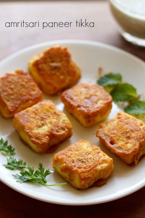 amritsari paneer tikka recipe - paneer cubes marinated in a mix of gram flour, herbs+spices and then shallow fried #paneer #snacks