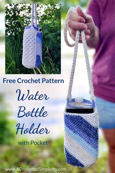 Learn how to crochet a crochet water bottle holder to stay hydrated and keep your hands-free when you're on the go! Easily adjustable to fit a Hydro Flask, Yeti, and other reusable water bottles! #crochetwaterbottleholder #freecrochetpattern #waterbottleholderpattern #waterbottleholder #crochetwaterbottleholderpattern #waterbottlecarrier #crochetwaterbottleholderwithpocket #adjustablecrochetstrap #crochetrope #easycrochetpattern #howtocrochet #freecrochetwaterbottleholderpattern #waterbottlebag Water Bottle Holder With Pocket, Crochet Water Bottle Holder Pattern, Water Bottle Holder Pattern, Crochet Water Bottle, Crochet Water Bottle Holder, Diy Water Bottle, Bottle Sling, Bottle Cozies, Cozy Crochet Patterns