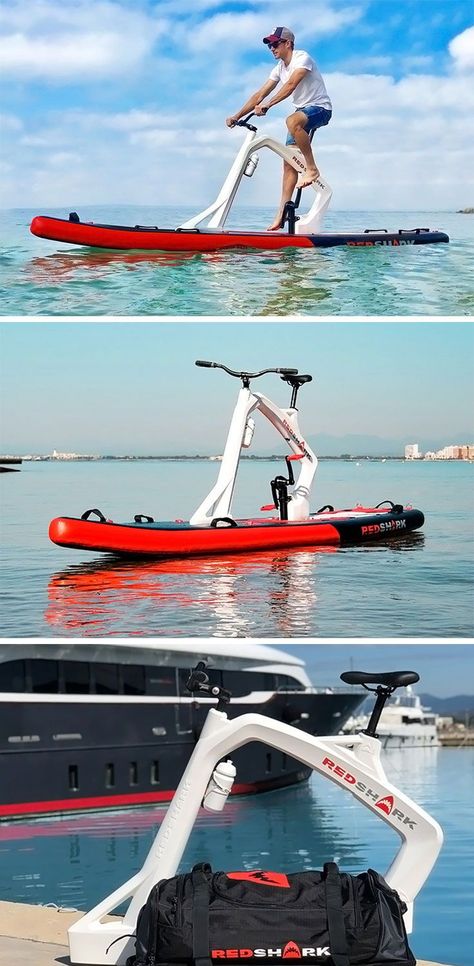 A collaboration between Red Shark Bikes and Hammacher Schlemmer, this inflatable stand-up paddleboard is perfect for a beach or a lake day. CHECK THAT OUT! Unsinkable Boat, Hoverboard Futuristic, Blow Up Paddle Board, Pedal Kayak, Inflatable Stand Up Paddle Board, Spy Kit, Resort Design Plan, Water Bike, Inflatable Sup Board