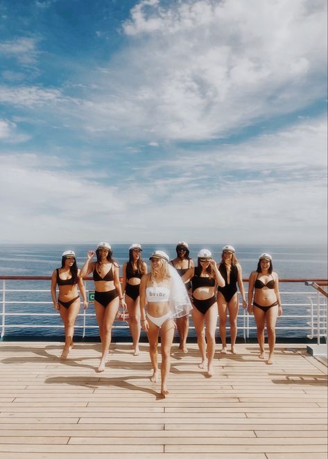 Bridal Party Bathing Suits, Boat Bachelorette Aesthetic, Beach Outfits Bachelorette, Ship Bachelorette Party, Bachelorette Yacht Party Ideas, Yacht Party Bachelorette, Indy Blue Bachelorette, Beach Bachelorette Swimsuit, Beach Party Bachelorette