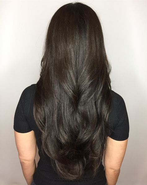 Long Layers Dark Espresso Brown Color Deep Brunette Hair Color, Black Hair With Brown Highlights, Espresso Hair Color, Deep Brown Hair, Cool Brown Hair, Hair Color Pictures, Hair Layers, Hair Goal, Dark Brunette Hair