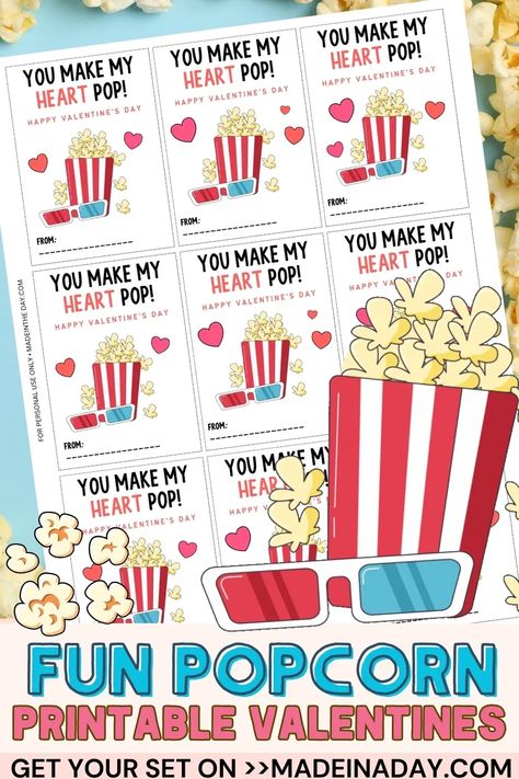 Have a poppin' good time! Download our adorable Printable Valentine Popcorn Card Set and surprise your friends with a fun sweet gesture this Valentine's Day! printable popcorn, valentines day popcorn, popcorn cards, printable valentine cards School Valentines Treats, Popcorn Valentine, Popcorn Gift, Valentines Gift Tags, Valentine's Day Printables, Labels Diy, Classroom Gifts, Valentine Tags, Valentines School