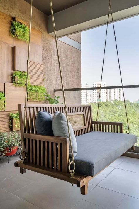 Swings For Home, Balcony Swing, Living Room Wall Designs, Flat Decor, Wooden Swing, Modern Small House Design, Swing Design, Urban Decor, Smart Home Design