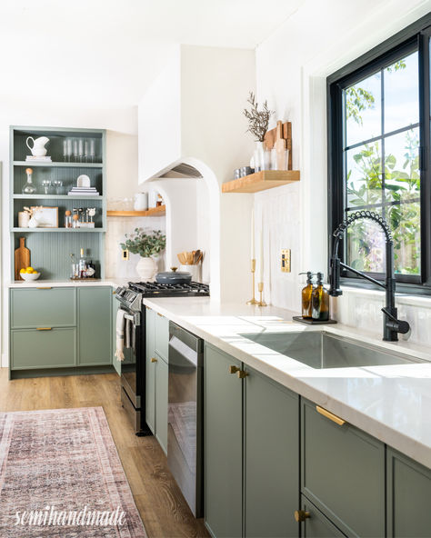 These sage green Sarah Sherman Samuel DIY Quarterline doors modernize this now bright and open kitchen. Purchase "SSS DIY Quarterline" unpainted doors to get the look. Painting Beadboard, Green Kitchen Cabinet, Ikea Sektion Cabinets, Sage Green Kitchen, Two Tone Kitchen, Green Kitchen Cabinets, Ikea Cabinets, Green Cabinets, California Cool