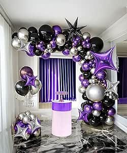 Wednesday Decorations, Black Silver Balloon Garland, 25th Birthday Ideas For Him, Silver Balloon Garland, Halloween Wednesday, Purple Party Decorations, Chrome Purple, 15th Birthday Party Ideas, Star Balloons