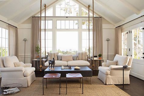 Dark Wood Floors Living Room, Cathedral Ceiling Living Room, Luxurious Living Rooms, Vaulted Ceiling Living Room, Los Angeles Interior Design, Cottage Living Rooms, Living Room Windows, Cottage Living, Living Room Design