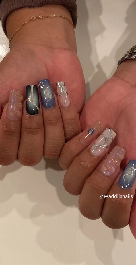 Nails On Black Skin Art Designs, Jhene Aiko Concert Nail Ideas, Birthday Nail Designs Square, September Nails Square, Square Design Nails, Medium Junk Nails, Short Medium Nails Acrylic, Album Cover Nails, French Manicure Acrylic Nails