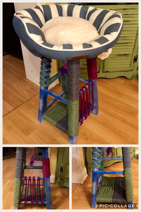 Barstool Cat Tree, Diy Cat Tree Out Of Old Furniture, Upcycle Cat Tree, Diy Scratching Post For Cats, Cat Furniture Diy Homemade, Cat Diy Projects, Homemade Cat Beds, Cat Trees Homemade, Diy Cat Scratching Post