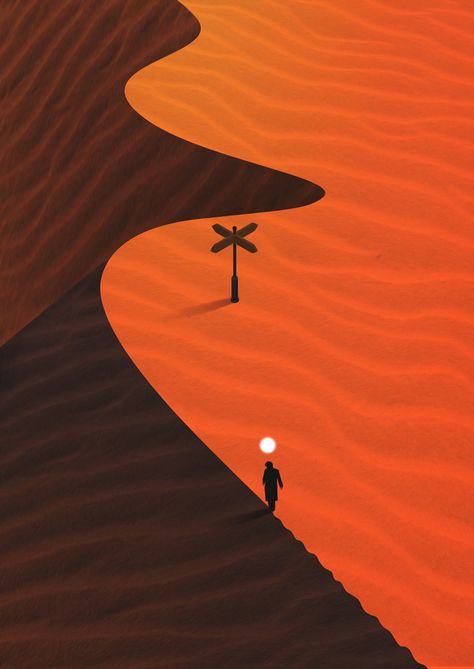 minimal, simple, desert, sand, Africa, dune, man, lost, wandering, travel, walking, Sahara, fantasy, orange Desert Art, Africa Art, Sand Art, Flat Illustration, Easy Paintings, Contemporary Decor, Metal Poster Displate, Art Forms, Metal Posters Design