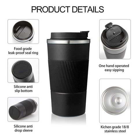 Home Payment Shipping About us Contact us Details Features: 1. Food grade SUS304 stainless steel, better thermal insulation performance, keep warm/cold for 8-10 hours, BPA free. 2. Non-slip silicone handle cover to hold the travel mug comfortably and safely. 3. Seal the food-grade silicone cup lid, so that even ants can't get into the bottle. 4. Minimalist and premium design with small hole design on the top for easy sipping. 5.380ml/510ml two capacity, just suitable for your coffee time.   Spec Coffee Flask, Mens Grooming Kit, Travel Car, Thermal Mug, Stainless Steel Thermos, Outdoor Cafe, Insulated Coffee Mugs, Outdoor Light, Insulated Bottle