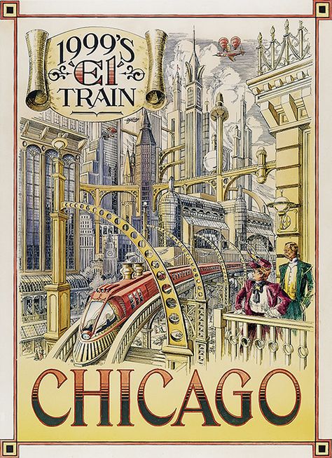 Disneyland Paris - Retrofuture Chicago El Train Poster steam punk style city of the future poster based on 19th century art. Albert Robida, Steampunk Kunst, Future Poster, Arte Nerd, Train Posters, Art Steampunk, Sf Art, Future City, Steampunk Art