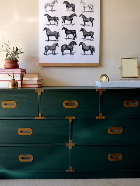 Hunter Green Dresser Diy, Painted Campaign Dresser, Green Campaign, Campaign Style Furniture, Campaign Chest, Campaign Dresser, Green Dresser, Campaign Furniture, Home Decor Blog