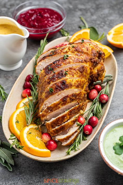 Here's a recipe for Tandoori Turkey Breast that's a juicy, crispy-skinned, star of the table main dish prepared in the Instant Pot or Oven. #tandooriturkeybreast #instantpotrecipes #Thanksgivingrecipes Oven Roasted Turkey Breast, Marinated Turkey, Tandoori Recipes, Party Food Dessert, Oven Roasted Turkey, Turkey Breast Recipe, Cranberry Chutney, Roast Turkey Breast, Whole Turkey