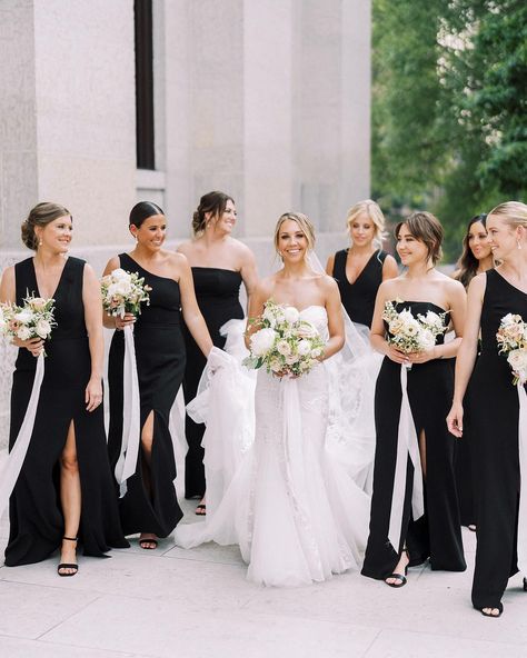 The Dessy Group | The perfect mismatched bridal party look in black. Save this one because black bridesmaid dresses are trending and you’re going to want to… | Instagram Black Bridesmaid Wedding Party, Black Elegant Bridesmaid Dresses, Black Bridesmaid Dresses Wedding Party, Black Dress Bridesmaid Wedding, Black Bridesmaids Dresses Mismatched, Bridal Party In Black, Black Wedding Party Attire Color Schemes, Bridal Party Black Dresses, Black Dress Bridal Party