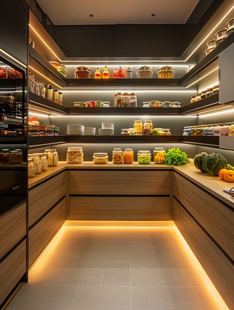 50 Pantry Organization Ideas for Every Home Kitchen Arrangement Ideas Storage, Home Pantry Ideas, Modern Walk In Pantry, Walk In Pantry With Fridge, Ikea Pantry Hack, Walkin Pantry Ideas, Dream Pantry Walk In Luxury, Walk In Fridge, Dream Pantry Walk In