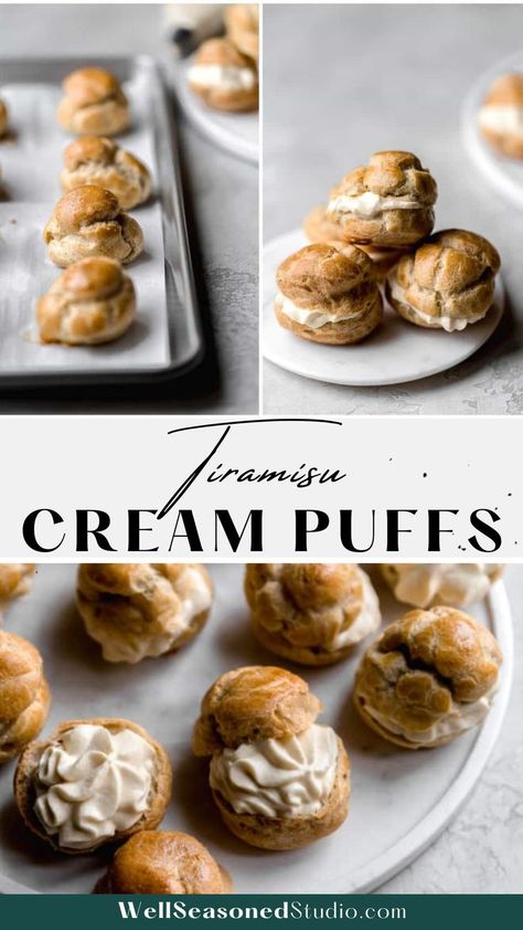 The most fun dessert to serve at your holiday parties! Fill these traditional cream puffs with an untraditional filling that tastes exactly like tiramisu and watch them disappear lightning fast! Puff Pastry Tiramisu, Cream Puff Dessert Recipe, Tiramisu Cream Puffs, Flavored Cream Puffs, Christmas Cream Puffs, Cream Puff Flavors, Japanese Cream Puff, Famous Cream Puffs, Bavarian Cream Puffs