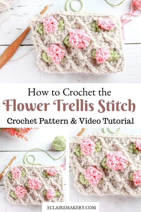 Create beautiful garden trellis full of blooming flowers with the Flower Trellis Stitch! This textured crochet stitch pattern uses intarsia crochet, bobble stitches, and the crochet diamond stitch to create a beautiful crochet flower pattern. This free crochet stitch pattern includes a free written pattern and step by step youtube video tutorial. #crochetstitch #crochetflower #crochetflowerpattern #crochetstitchtutorial #freecrochetstitch Trellis Crochet, Trellis Stitch, Intarsia Crochet, Crochet Stitch Pattern, Flower Trellis, Bobble Crochet, Crochet Motif Patterns, Crochet Stitches For Beginners, Stitch Crochet