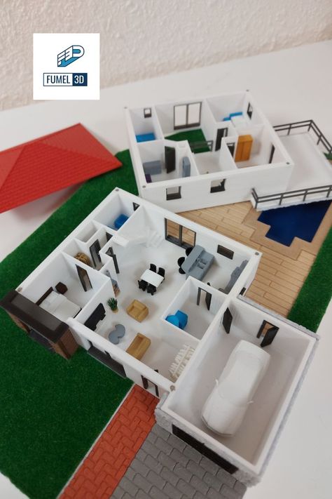 Maquette de maison imprimée en 3D. Notre gamme de finition meublé permet d'obtenir des maquettes avec les meubles en haute définition ! Les éléments en couleurs sont également presents : terrasses, bardages, piscine.... Elles sont également équipé des portes et menuiseries ! L'outil ultime pour se projeter à l'extérieur et à l'intérieur de votre projet immobilier ! Réalisé à partir des plans, cette maquette s'ouvre pour explorer les différentes pièces meublées. Maquette Architecture, Plan Architecture, 3 D, Photo Wall, Villa, Miniatures, Architecture, Wall, Quick Saves