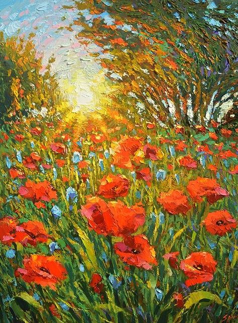 'Sunset Poppies' by Dmitry Spiros #artpic.twitter.com/aPNorISCGt Poppy Field Painting, Mixed Media Painting On Canvas, Palette Knife Art, Flower Landscape, Pin Art, Poppy Field, Sunset Painting, Media Painting, Contemporary Artwork