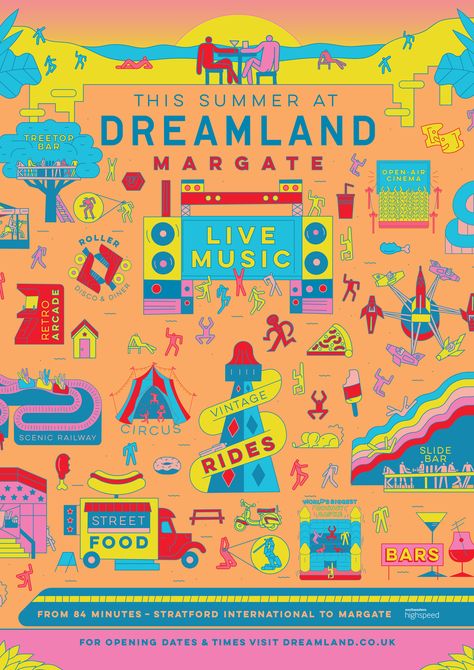 Studio Moross designs posters for relaunched Dreamland theme park Video Story Ideas, Studio Moross, Kate Moross, Concert Video, Launch Campaign, Theatre Poster, Retro Arcade, Parking Design, Festival Design