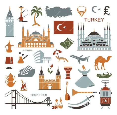 Premium Vector | Set of country turkey culture and traditional symbols collection of flat icons Turkish Symbols, Turkey Culture, Turkey Drawing, Country Turkey, Isometric Map, Assouline Books, Istanbul City, Turkey Country, Scrapbook Printing