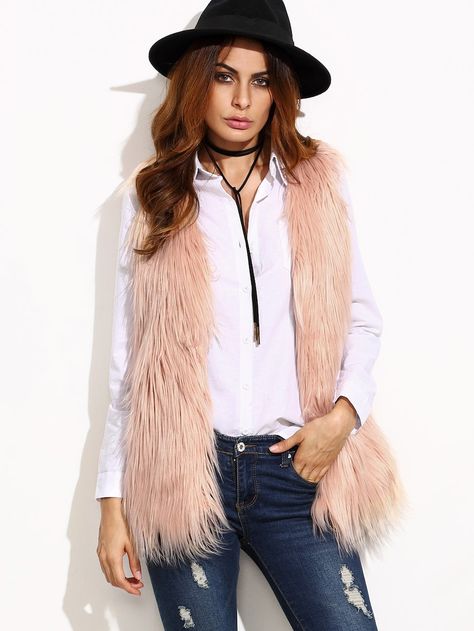 Beige Faux Fur Vest Waistcoat Fashion, Fluffy Vest, Vest Jackets, Mode Mantel, Fall Fashion Coats, Loose Vest, Winter Vest, Outfit Mujer, Pink Faux Fur