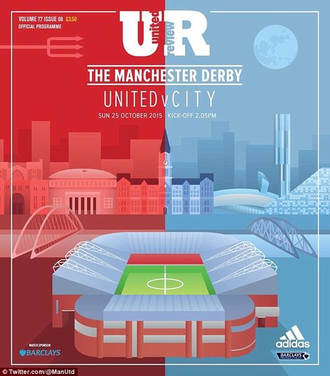 Cover of the United Review for the Manchester Derby designed by fan Harri Lyons Man United Wallpaper, Man City Vs Man United, Manchester United Art, Colwyn Bay, Manchester Derby, United Wallpaper, Manchester United Wallpaper, Manchester United Fans, Live Match