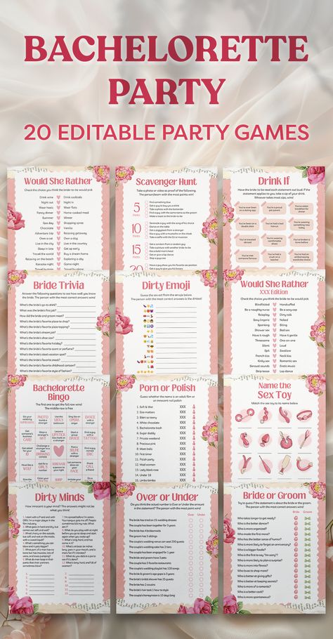 Image of a US Letter size papers with printable Bachelorette   party games. The text says: Bachelorette party games, 20 editable party games, 2 versions included - printable pdf version and editable version, easily edit the text, personalize in Canva. Free bonus included - editable party invitation and favor tags. Party Games Adults, Free Bachelorette Party Games, Dirty Bachelorette Party, Games Adults, Ultimate Bachelorette Party, Fun Bridal Shower Games, Hen Party Games, Games Party, Invitation Party