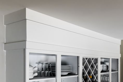 soffit update Kitchen With Soffit On One Wall, Covering Kitchen Soffits, Crown Moulding Kitchen Soffit, Soffit Over Kitchen Cabinets, Decorative Soffit Ideas, Disguise Kitchen Soffit Ideas, Modern Soffit Kitchen, Above Cabinet Soffit Ideas, Fake Cabinets To Ceiling