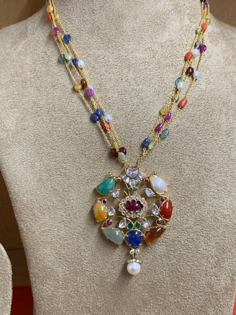 Navaratna Pendants, Navaratna Necklace, Navratna Jewellery, Navratna Necklace, Gold Jewelry Outfits, Diamond Wedding Jewelry, Pearl Jewelry Design, Gold Jewelry Simple Necklace, Antique Jewellery Designs