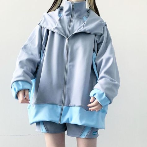 Cybercore Jacket, Pastel Techwear, Blue Techwear, Tenshi Kaiwai Fashion, Frutiger Aero Outfits, Cybercore Clothes, Cybercore Outfit, Cybercore Fashion, Techwear Fashion