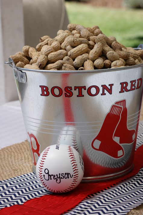 Red Sox Birthday Party, Baseball 2nd Birthday, Red Sox Party, Baseball Snacks, Baseball Buckets, Sports Themed Wedding, Team Snacks, Sports Theme Birthday, Fantasy Baseball