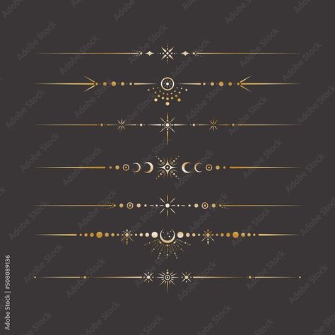 Vector celestial golden border set with stars, moon phases, crescents and dots. Collection of ornate shiny magical isolated clipart for mystic decoration Moon Phase Stencil, Celestial Border Design, Moon Border Design, Celestial Branding, Moon Phases Design, Mystical Design, Celestial Aesthetic, Art Deco Design Graphics, Celestial Pattern