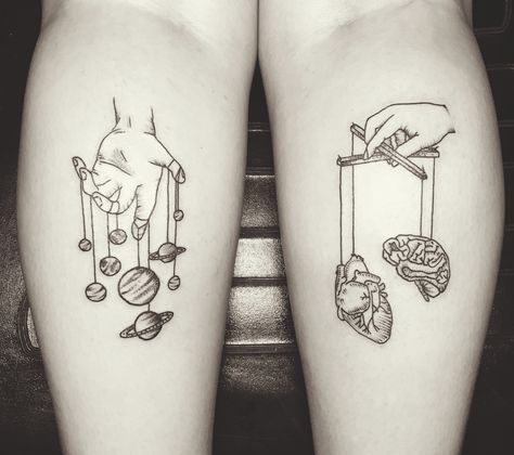 Back Calf Tattoos, Complimentary Tattoos, Back Of Calf Tattoo, Two Headed Calf Tattoo, Leg Tats, Space Tattoos, Tattoo Placements, Sailor Tattoos, Moon Phases Tattoo