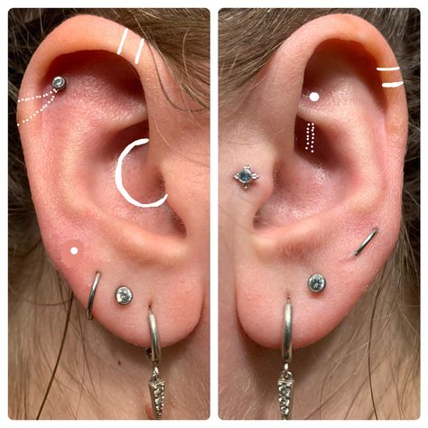 Ear Piercing Layout, Piercing Layout, Aesthetic Ear Piercing, Piercings Ear, Creative Earrings, Ear Piercings Chart, Piercing Chart, Double Ear Piercings, Diy Easter Gifts