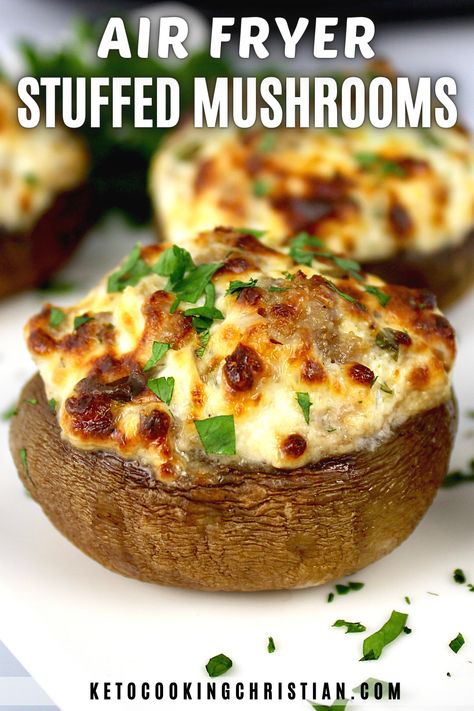 Stuffed Mushrooms Air Fryer Recipes, Ww Stuffed Mushrooms, Air Fry Stuffed Portabella Mushrooms, Mushroom Caps Air Fryer, Air Fryer Stuffed Mushrooms Recipe, Keto Stuffed Mushrooms Air Fryer, Hamburger Stuffed Mushrooms, Airfryer Mushroom Recipes, Stuffed Portable Mushrooms