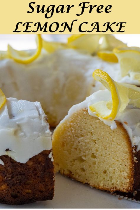 This Sugar Free lemon cake is so moist and has the perfect texture of a pound cake with a delicious glaze on top. It has a light lemony flavor from lemon extract and lemon zest and is a delicious low carb treat! Sugar Free Lemon Desserts, Sugar Free Yellow Cake Recipe, Lemon Pond Cake, Sugar Free Lemon Cake, Keto Lemon Pound Cake, Sugar Free Yellow Cake, Gluten Free Pound Cake, Sugar Free Icing, Low Carb Treat