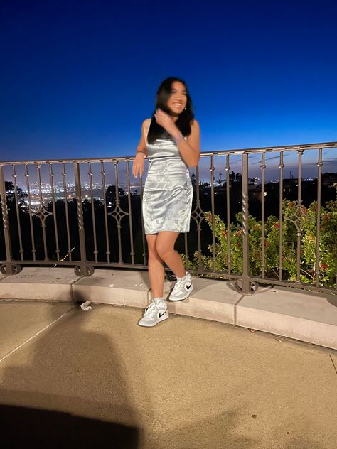 silk blue dress and light smoke grey jordan 1s Dress With Jordans, Silk Blue Dress, 1s Outfit, Jordan 1s Outfit, Jordan 1 Outfit, Grey Jordans, Blue Silk Dress, Semi Casual, Jordan 1s