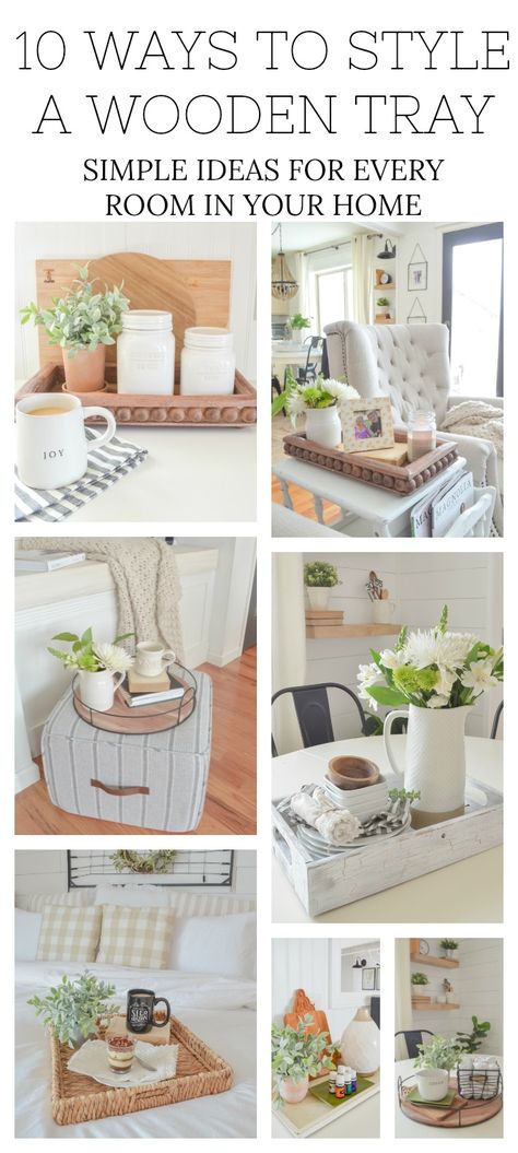 10 ways to style a wooden tray. Simple ideas for every room in your home! Wooden Trays Ideas, Wooden Tray Ideas, Styling Trays, Wooden Tray Decor, Colorful Farmhouse, Farmhouse Design Ideas, Sarah Joy, Tray Decoration, Wooden Trays