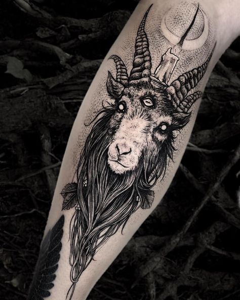 Tattoo Goat, Rip Tattoos For Mom, Goat Tattoo, Satanic Tattoos, Feminine Skull Tattoos, Feminine Tattoo Sleeves, Armband Tattoos, Devil Tattoo, Witch Tattoo