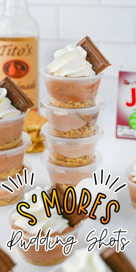 S'mores Pudding Shots Will Have You Wishing Every Day Was Summer Smores Pudding Shots Alcoholic, S’more Pudding Shots, Mud Slide Pudding Shots, Dessert Shots Recipes Alcohol, Shot Food Ideas, Smore Pudding Shots, Smores Jello Shots, Pudding Shots Cheesecake, Whipped Jello Shots