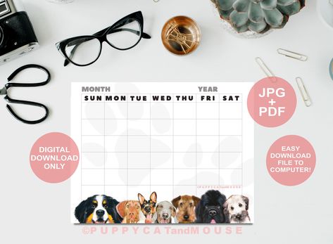 Monthly Calendar Planner, Interesting Animal, Dog Pack, Printable Dog, Dog Calendar, Peeking Cat, Printable Calendars, Instant Gratification, Calendar Planner