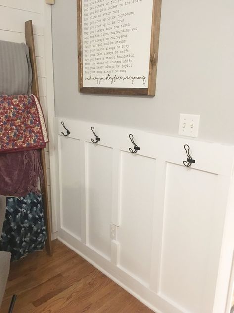 How to Build an Entry Space/Backpack Station - Kansas City Kreations Front Entry Backpack Storage, Laundry Room Backpack Station, Backpack Wall Ideas, Bookbag Wall Storage, Backpack Storage Small Space Entryway, Board And Batten Backpack Wall, Backpack Rack Entryway, Small Entryway Backpack Storage, Entryway Backpack Organization